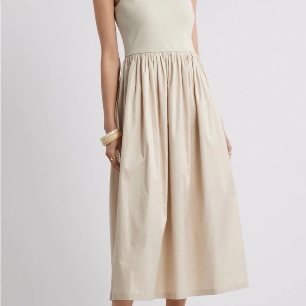 Nordstrom Mixed Media Stretch Cotton Tank Maxi Dress Beige Scroll NWT Small - Picture 2 of 11